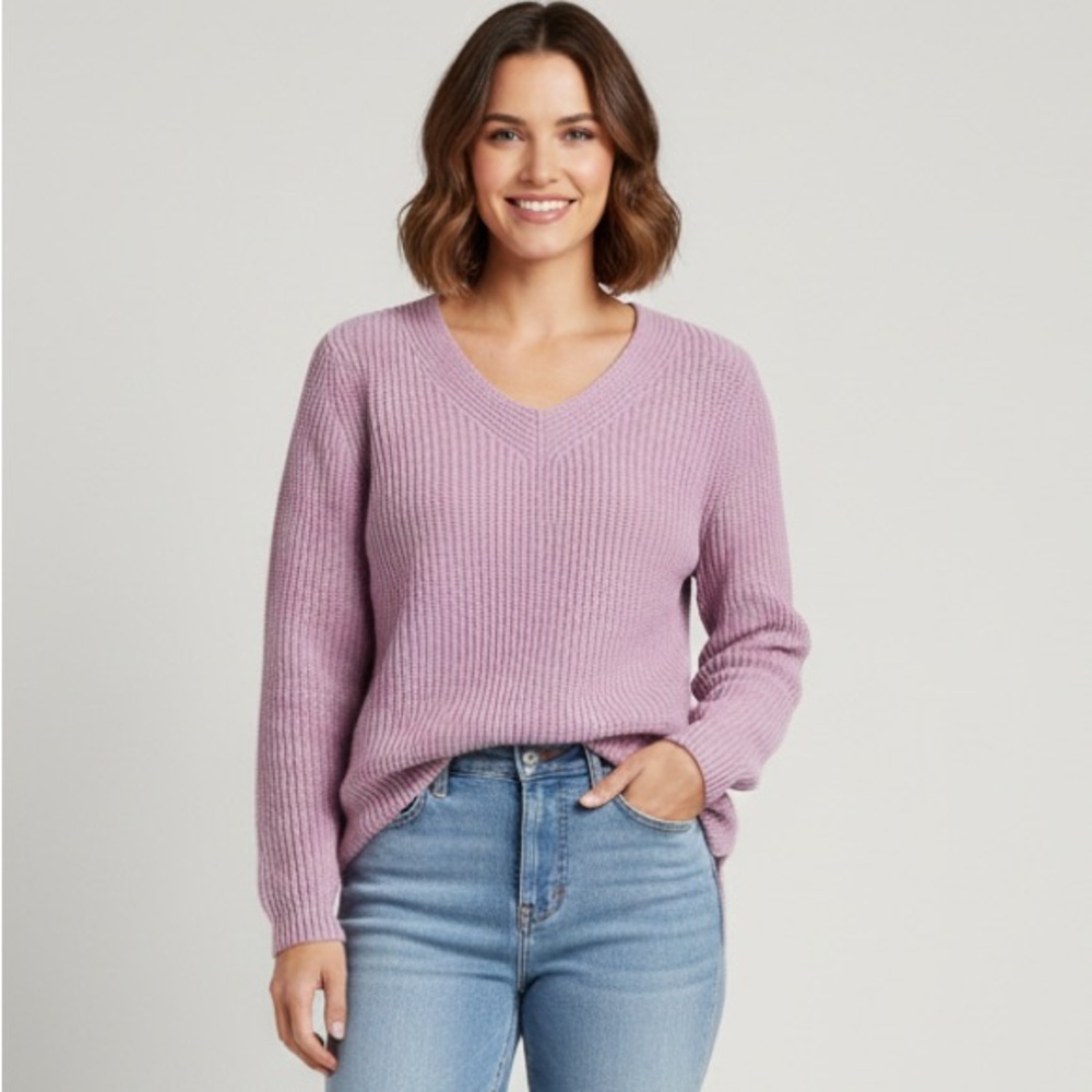 LLBean Cotton Chunky Oversized‎ Knit Vneck Pink Cozy Sweater